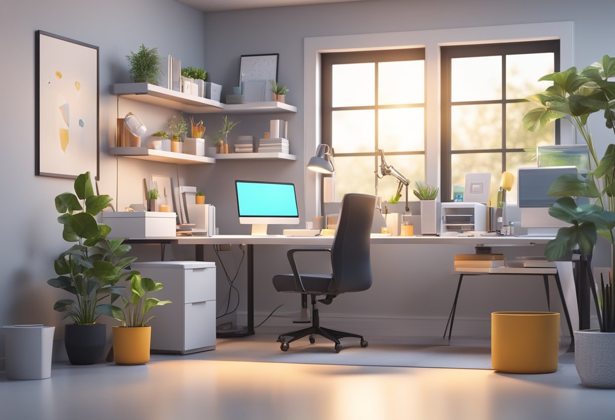 A modern home office with a sleek 3D printer on a desk, surrounded by various tools and materials. Bright lighting and a clean, organized space