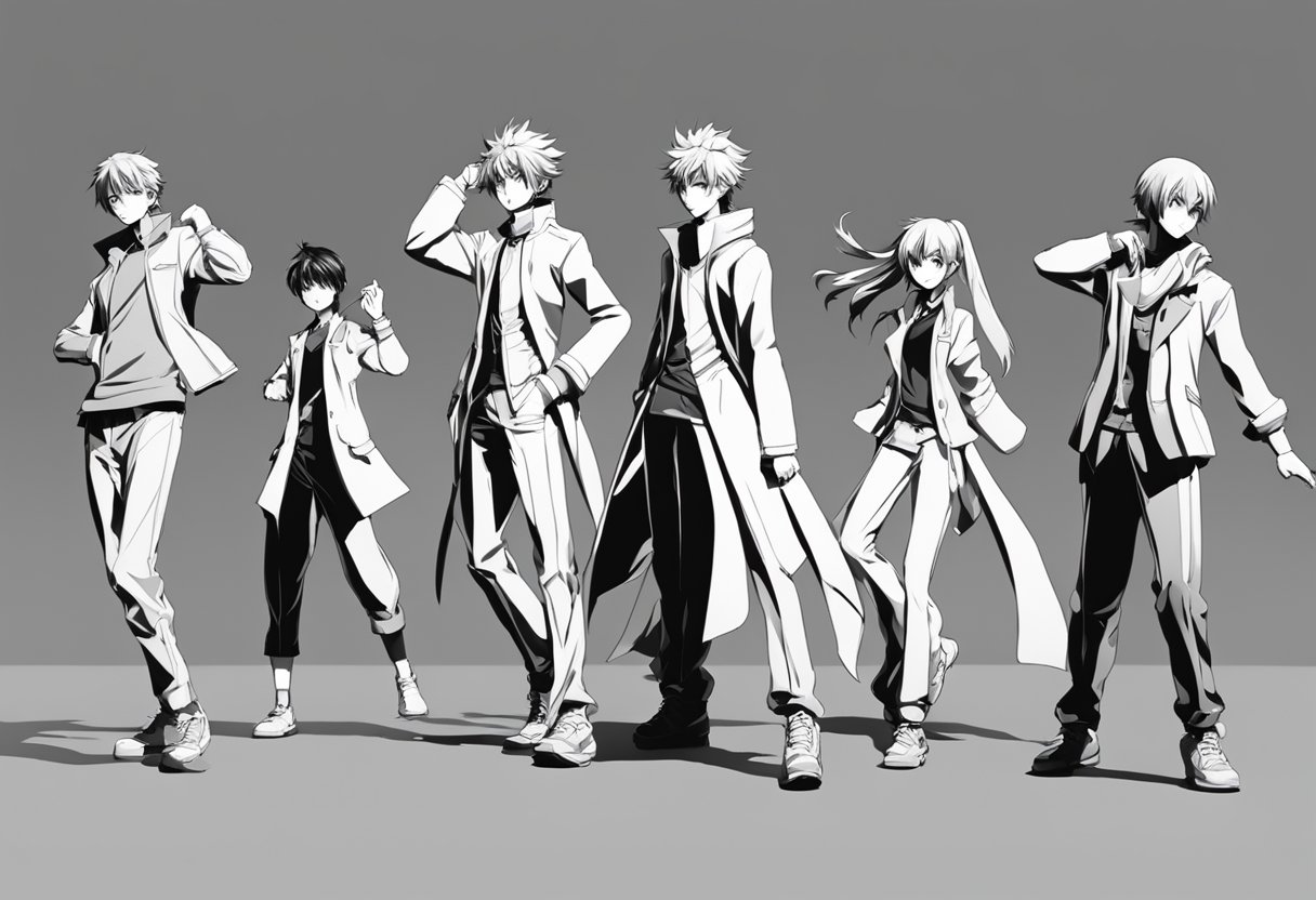 A group of anime character 3D models posed in dynamic action stances, with exaggerated expressions and vibrant colors