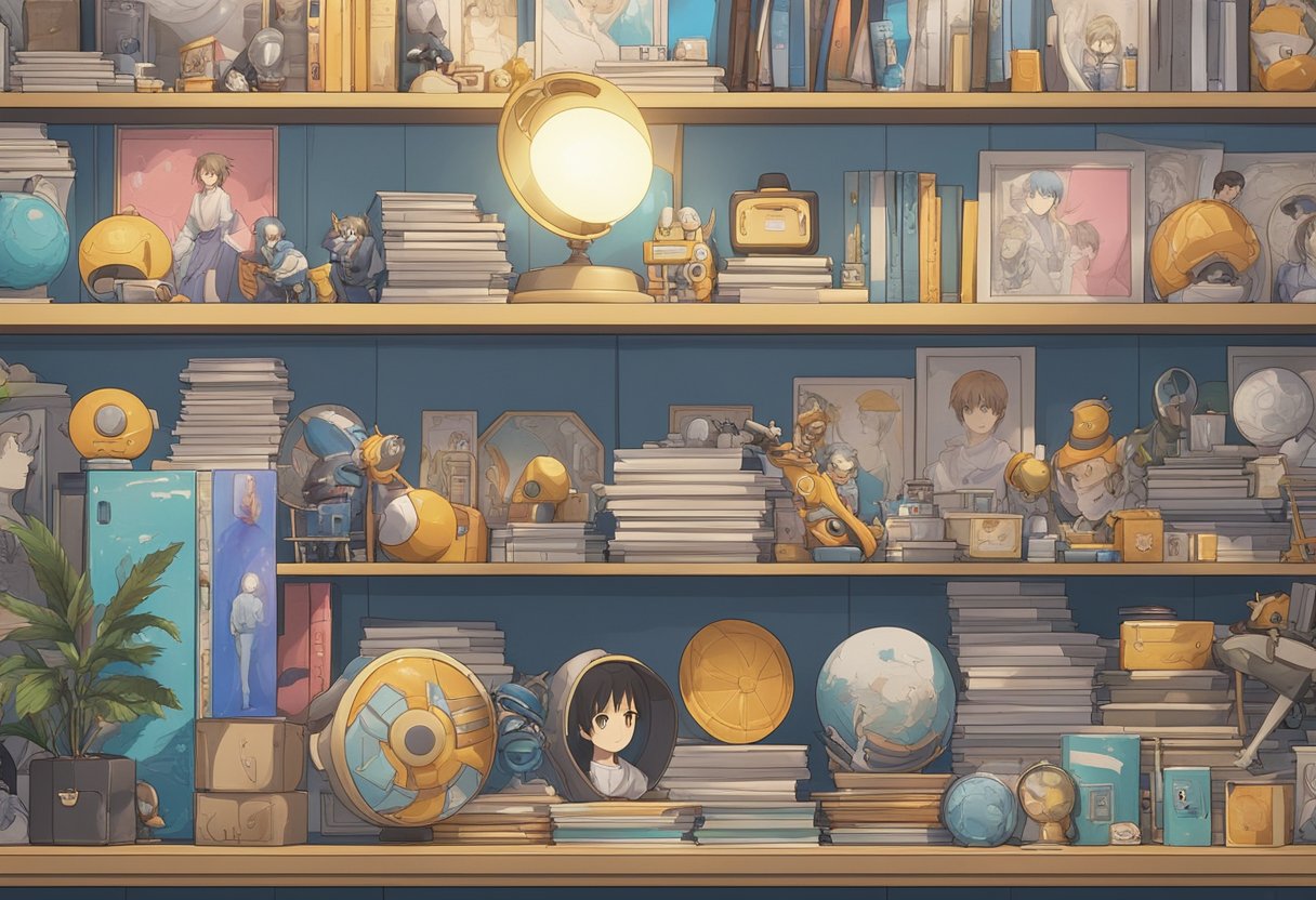 A collection of popular anime character 3D models displayed on a shelf, surrounded by fan art posters and merchandise