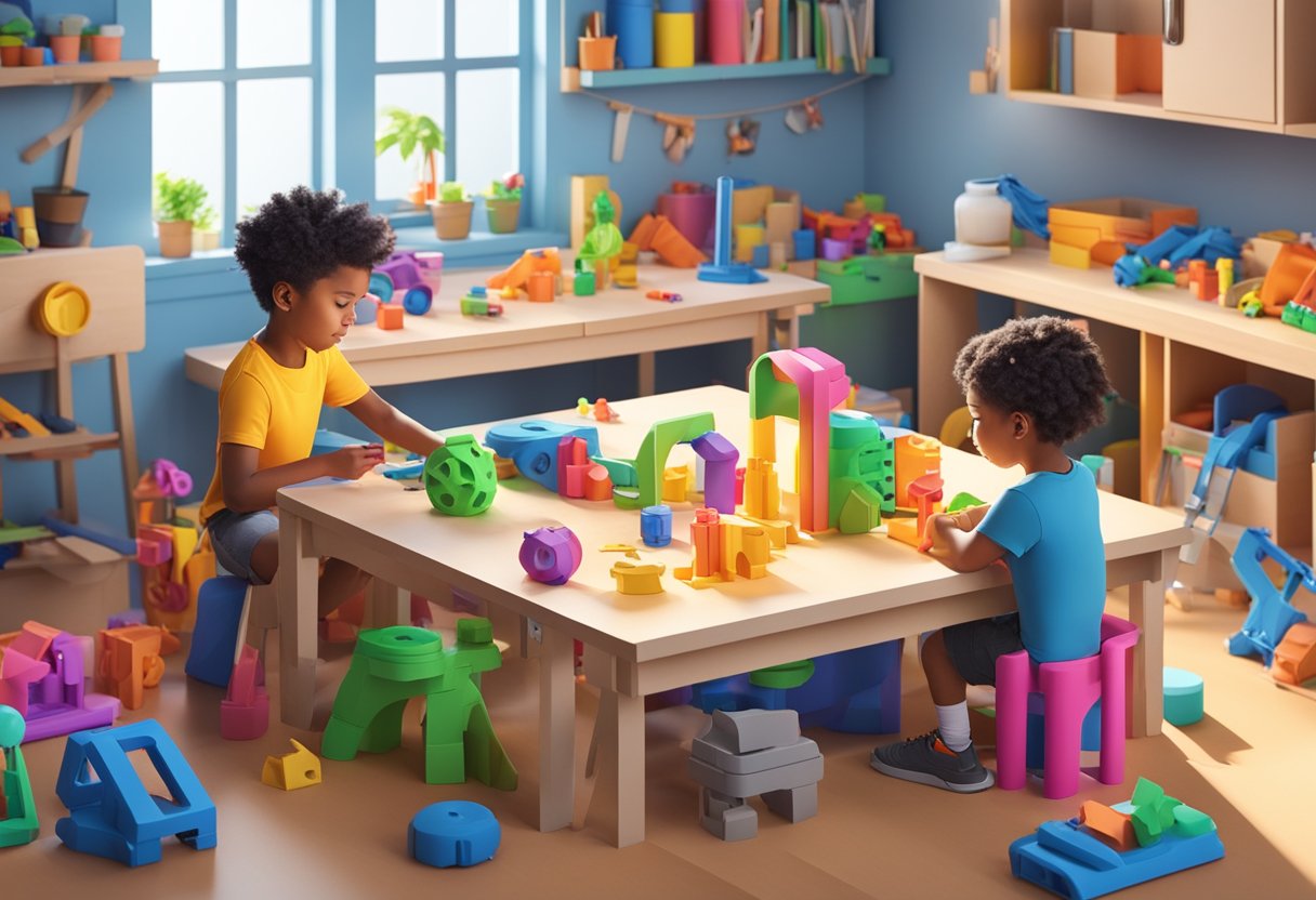 Children assembling colorful 3D printed toys and gadgets at a well-lit, organized workbench with various tools and materials scattered around