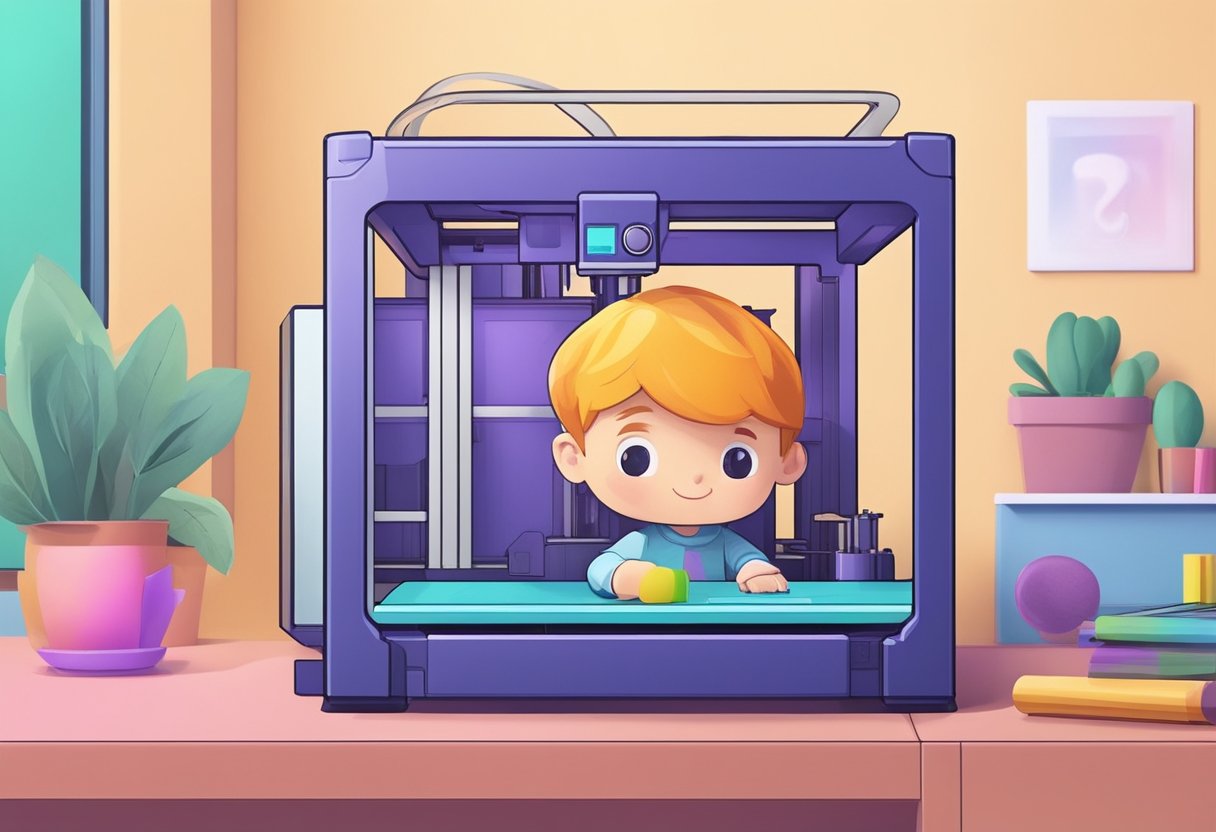 A child presses the start button on a 3D printer. A colorful design begins to materialize layer by layer, as the printer hums and the plastic filament feeds through