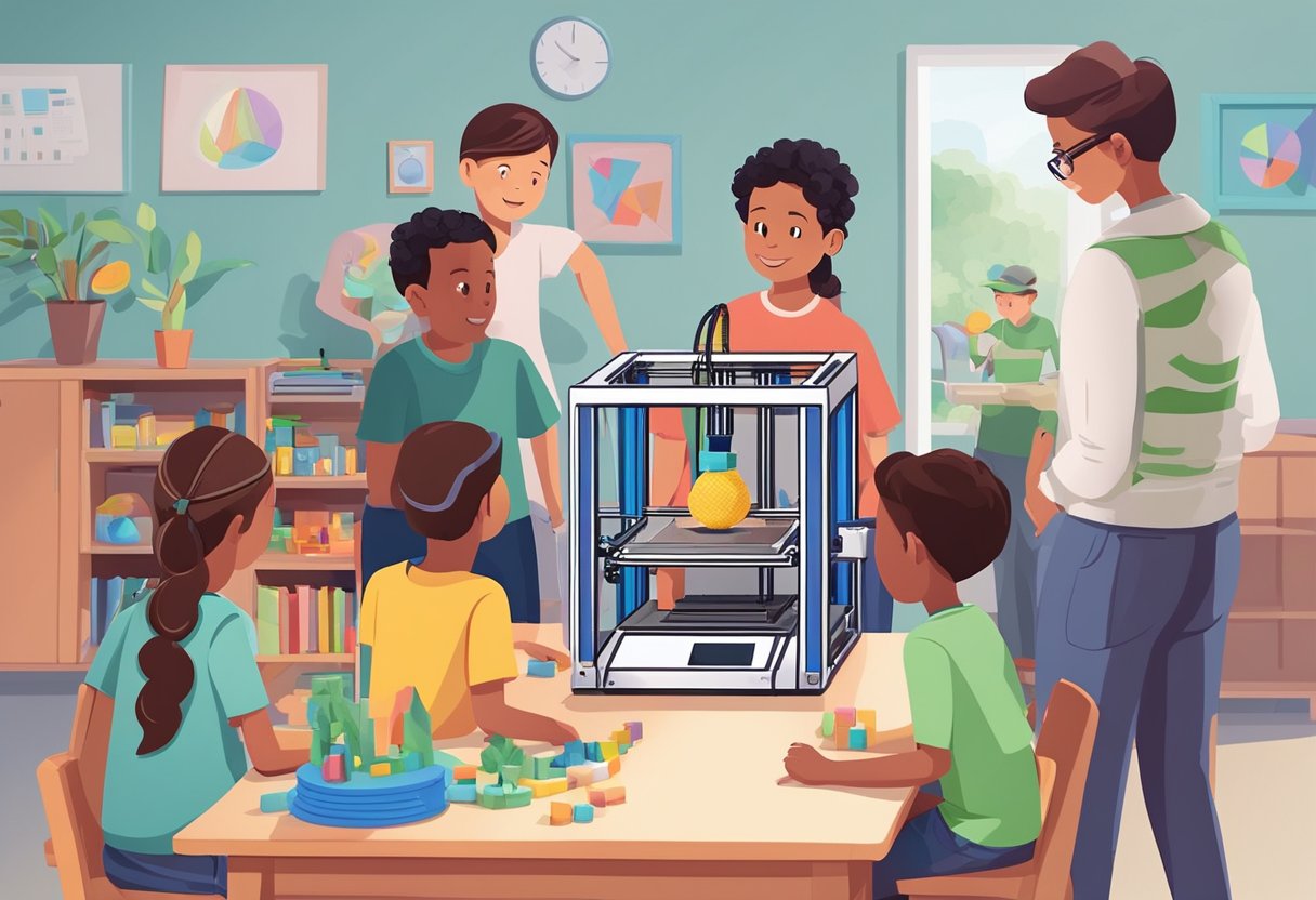 A group of kids gather around a 3D printer, eagerly watching as it creates a colorful and intricate object. A teacher stands nearby, explaining the process and encouraging the children to ask questions