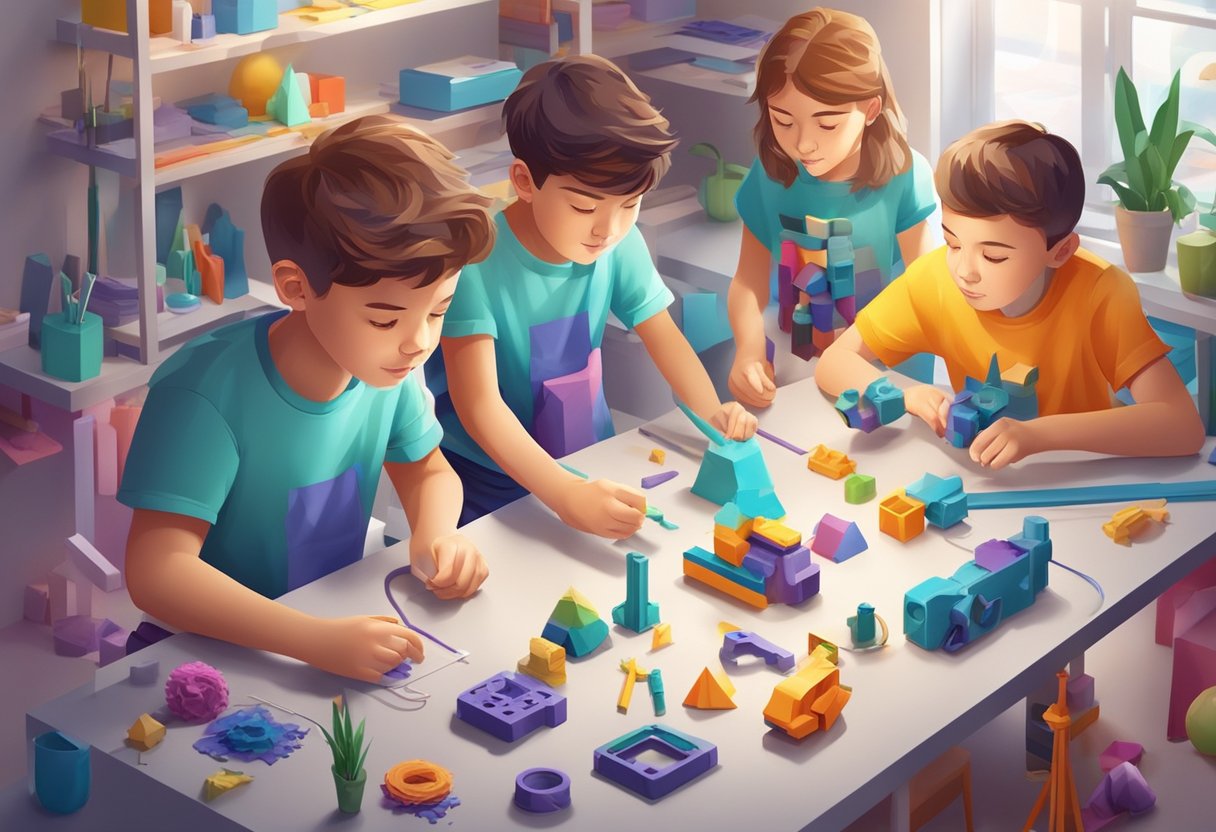 A group of kids working on 3D printing projects, surrounded by colorful materials and tools, with a sense of focus and excitement in the air