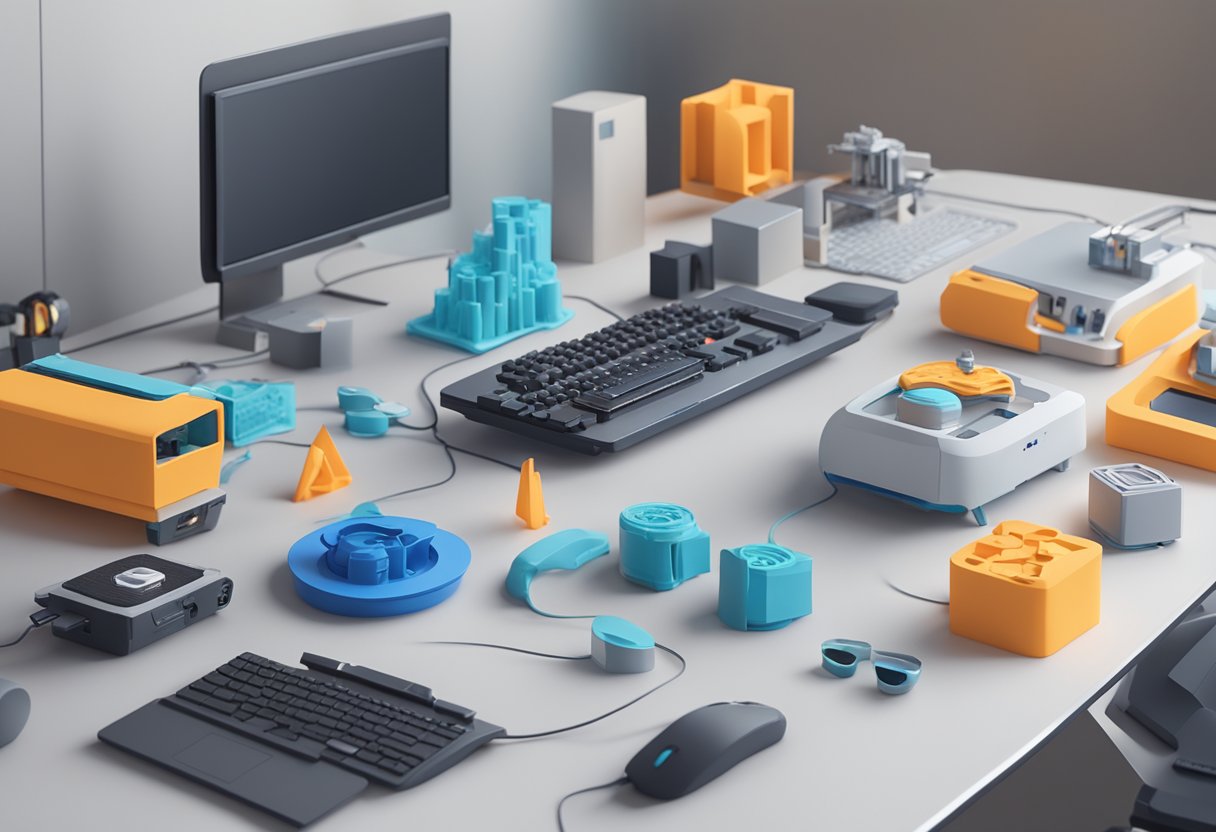 A table covered in 3D printed gadgets and figurines, with a computer and printer in the background