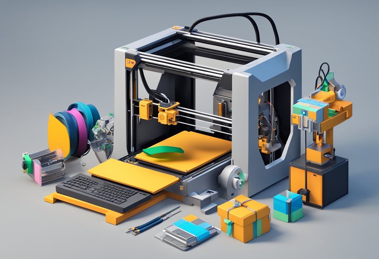 A 3D printer creating a detailed geek-themed gift with precision and intricacy. Various materials and tools surrounding the machine