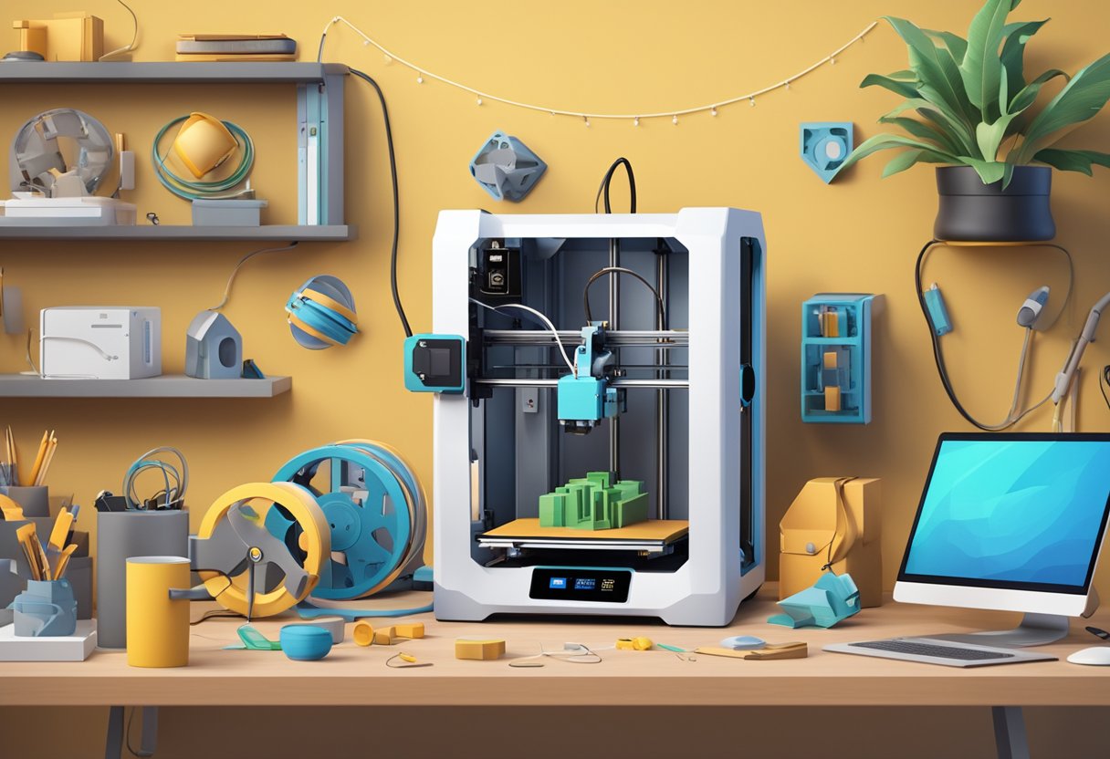 A 3D printer creating personalized gifts for geeks, surrounded by various gadgets and tech-themed decor