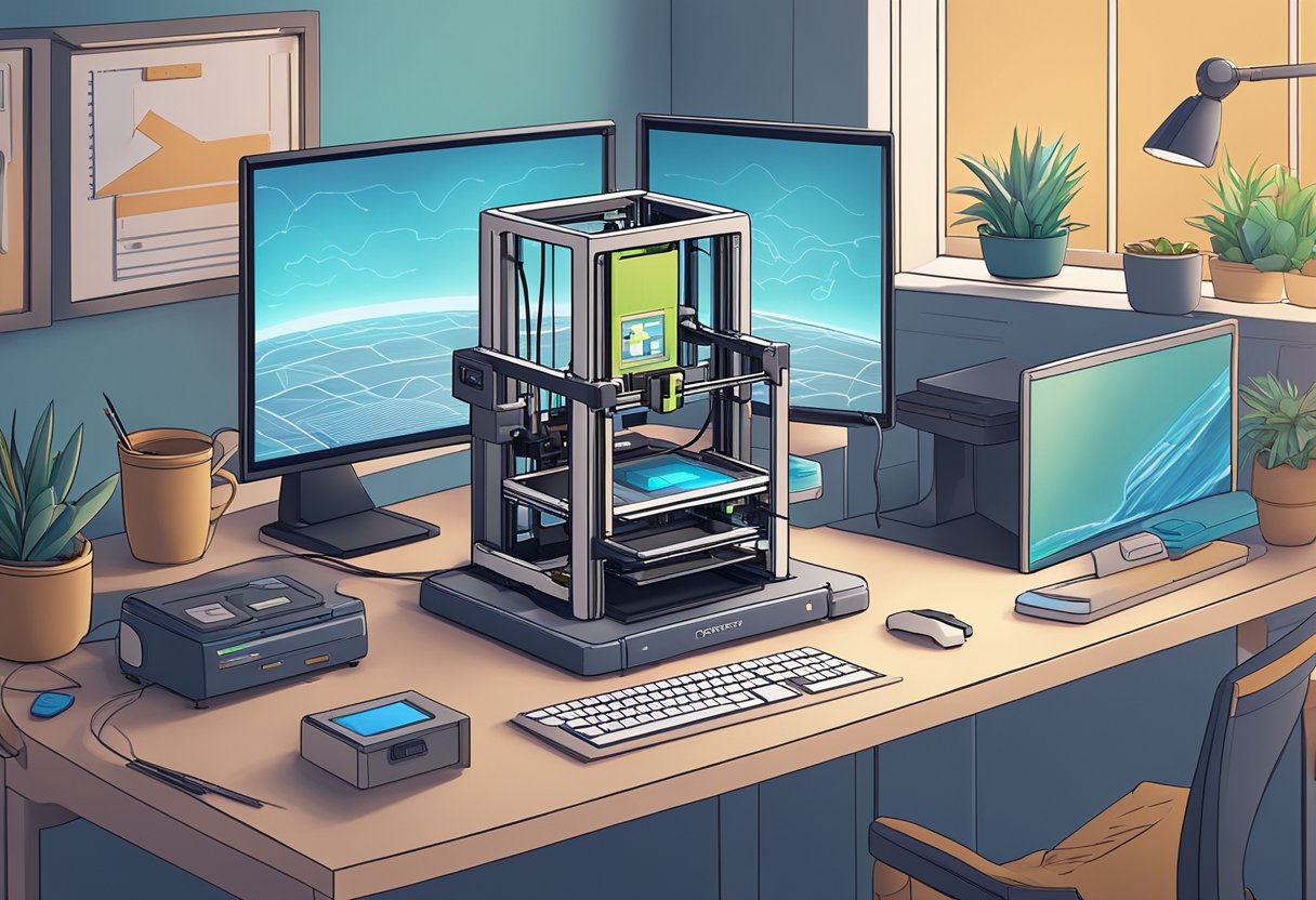 A 3D printer sits on a desk, producing intricate geek-themed gifts. A computer screen shows post-processing software enhancing the final products