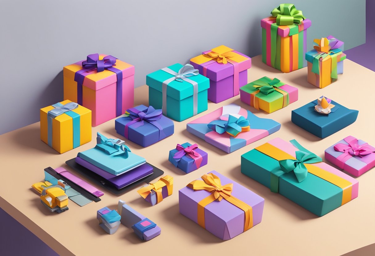 A table displays 3D printed gifts for geeks, neatly packaged and presented with colorful wrapping and ribbons. The items include figurines, gadgets, and tech accessories, showcasing intricate designs and vibrant colors