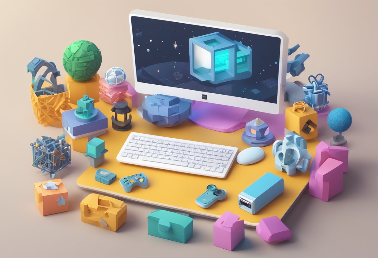 A collection of 3D printed geek-themed gifts displayed on a virtual platform, surrounded by an online community engaging and sharing resources