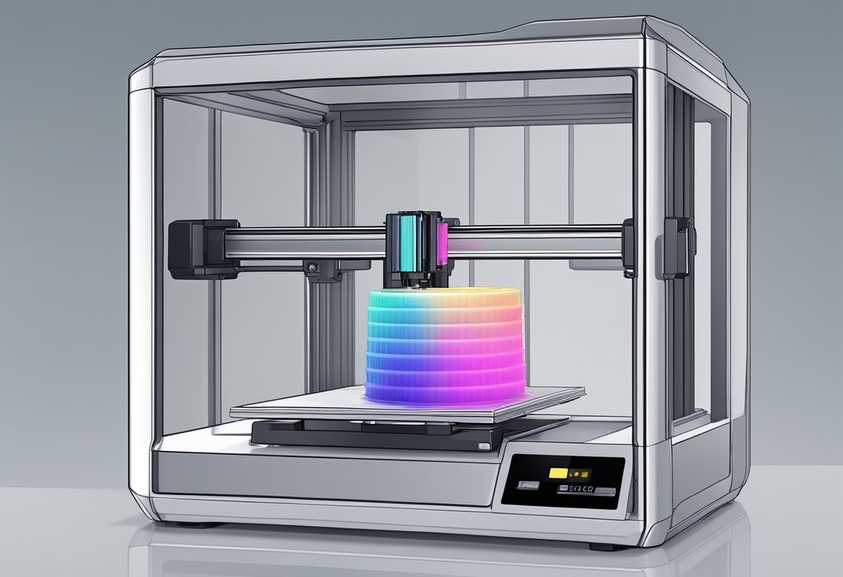 A 3D printer layering filament to create a precise and detailed object. Calibration tools and settings being adjusted to improve print quality