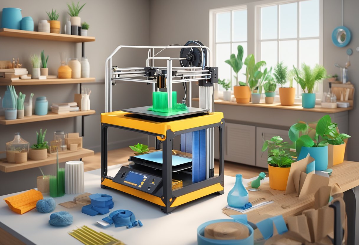 The scene shows a 3D printer using eco-friendly filaments, surrounded by sustainable materials and waste analysis tools