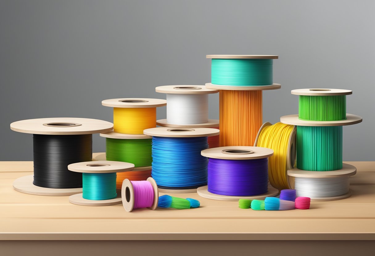 A table with various eco-friendly 3D printing filaments in spools. Labels indicate materials like PLA, PETG, and wood filament. Bright lighting showcases the vibrant colors and textures