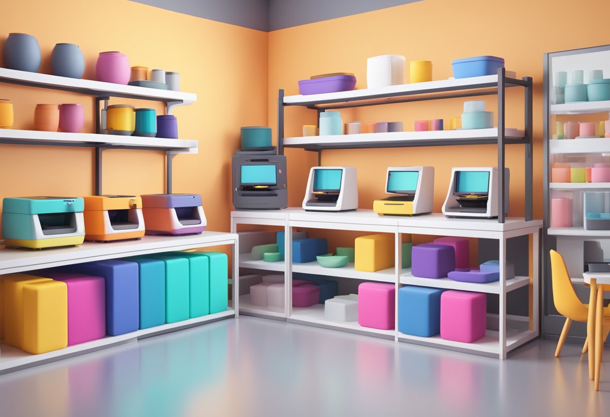 A 3D printer creating custom phone cases in a bright, modern studio. Rows of colorful cases are displayed on shelves, while the printer hums in the background