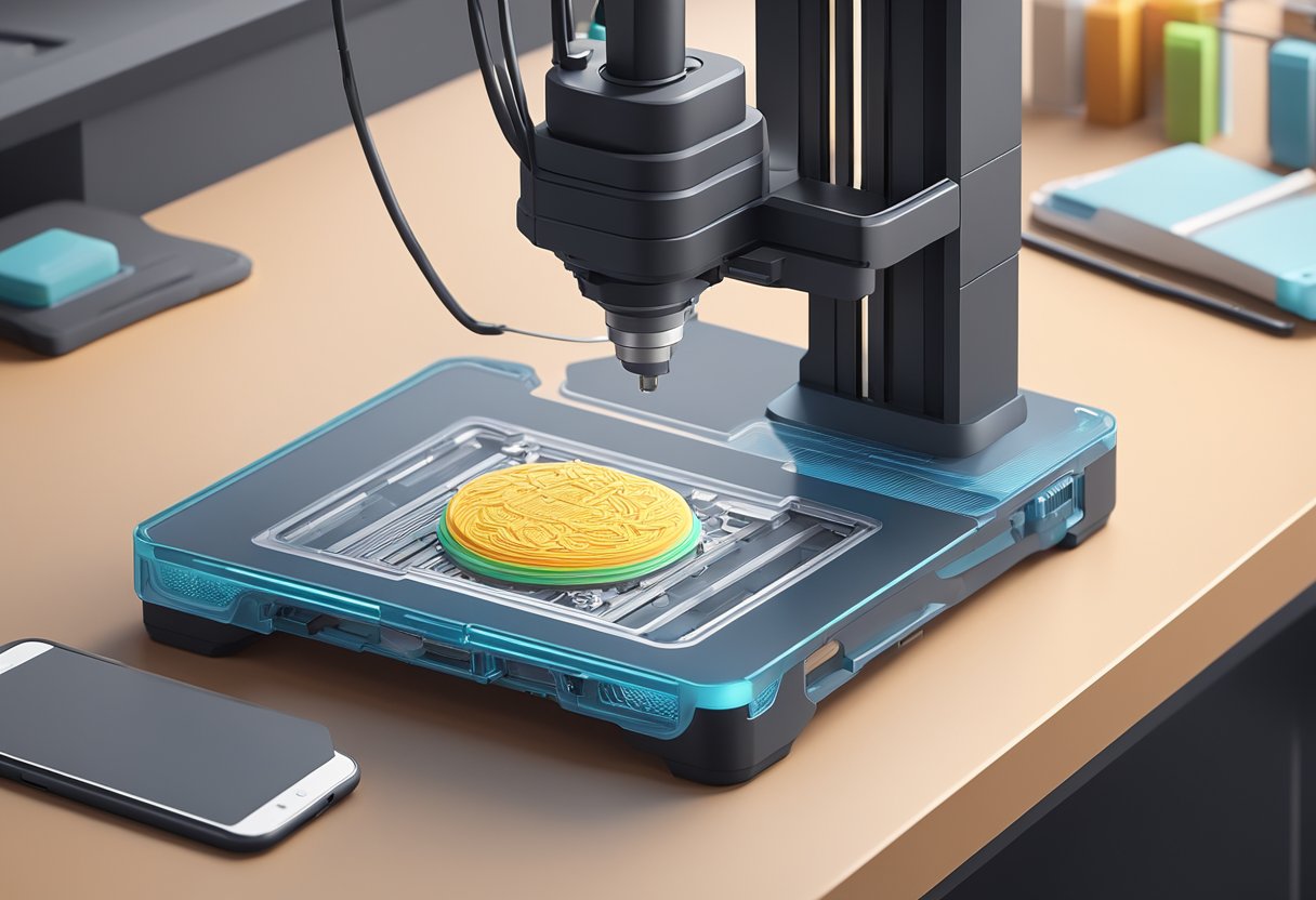 A 3D printer creating custom phone cases with intricate designs and precise details. The machine is layering the material to form the case, while the finished products are displayed nearby