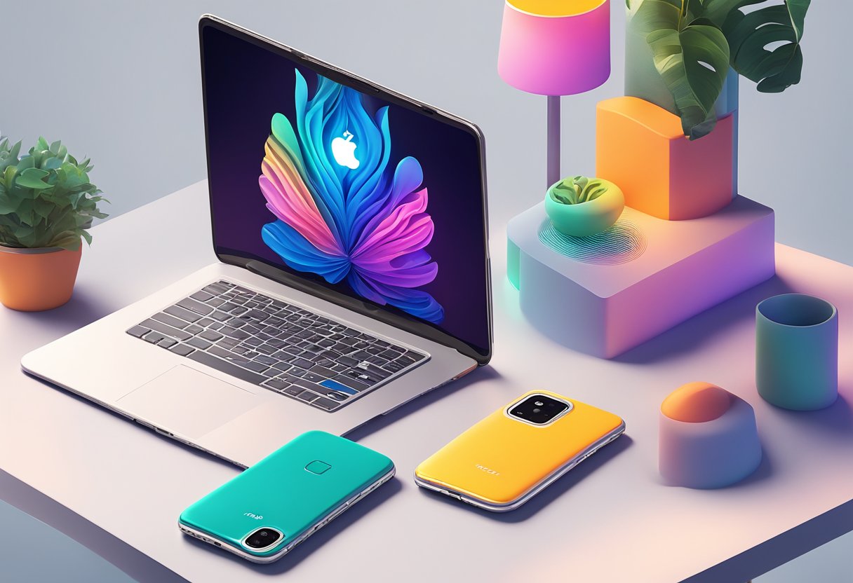 A table with various 3D printed phone cases displayed. Bright lighting highlights the intricate designs and smooth finishes. A laptop shows the customization process