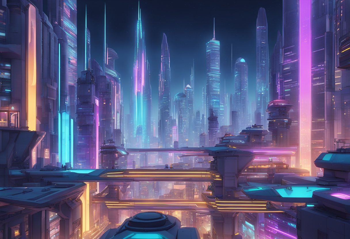 A futuristic cityscape with towering skyscrapers and neon lights, showcasing anime-inspired 3D printed structures and characters