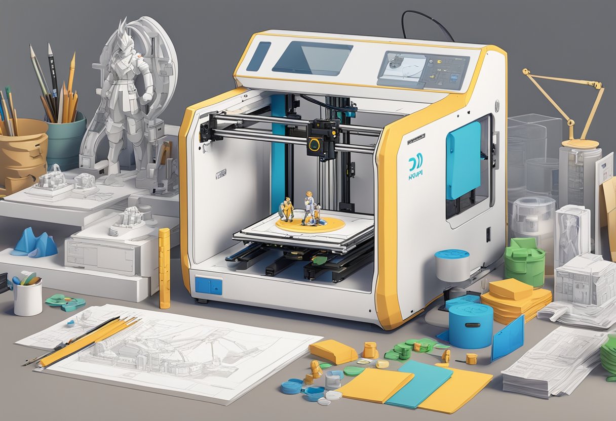 A 3D printer creating anime-inspired figurines, surrounded by design sketches and reference images