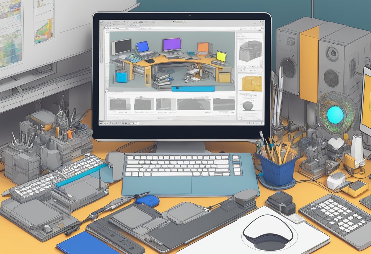 A cluttered desk with a computer running 3D modeling software, anime figurines, and various tools for 3D printing