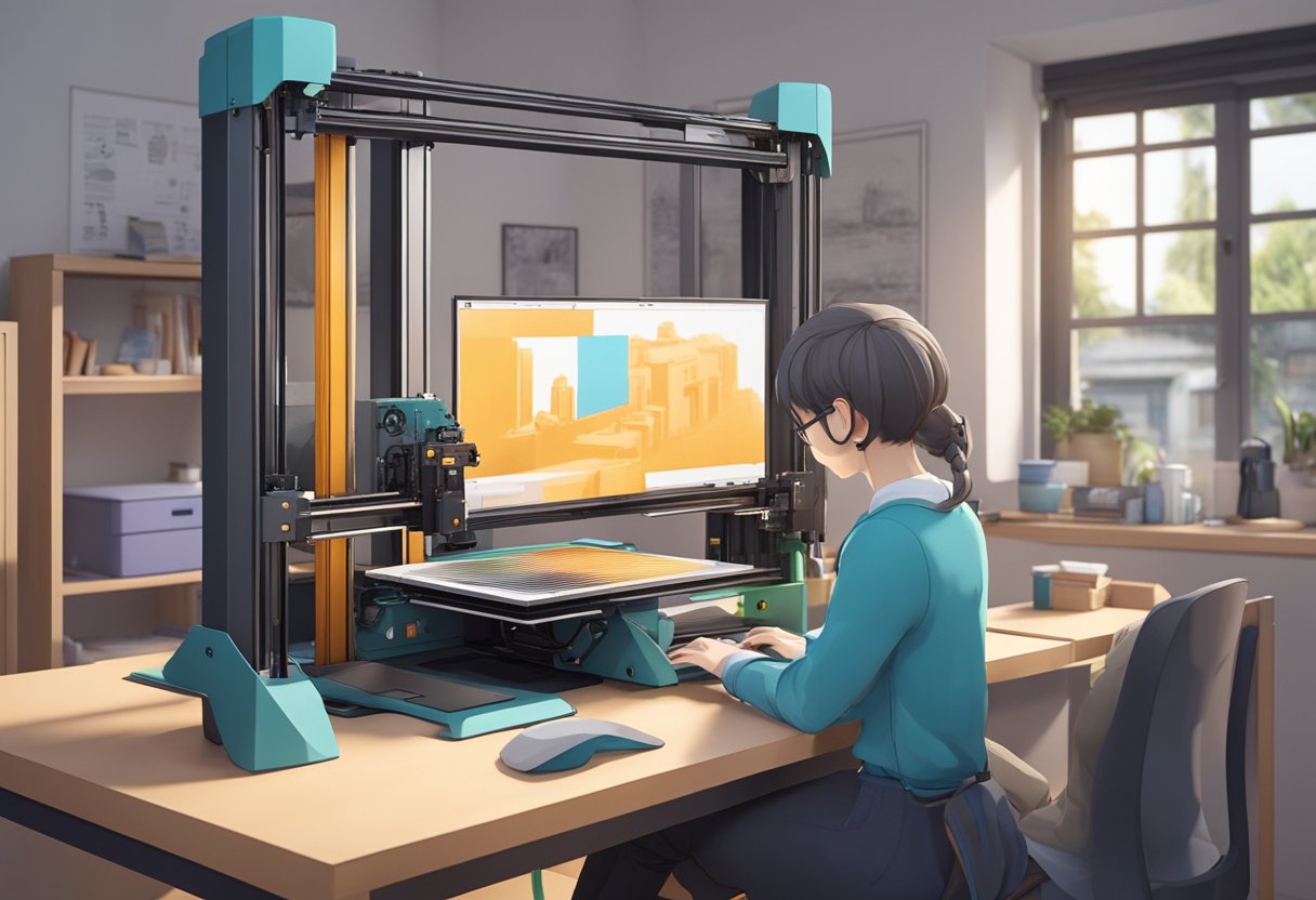 A 3D printer creates anime-inspired models, while a designer customizes them on a computer