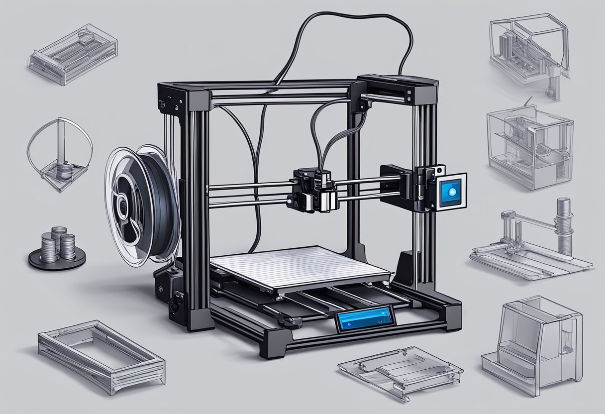 A 3D printer with a tangled filament, a clogged nozzle, and a warped print bed. Various tools and spare parts scattered around for troubleshooting