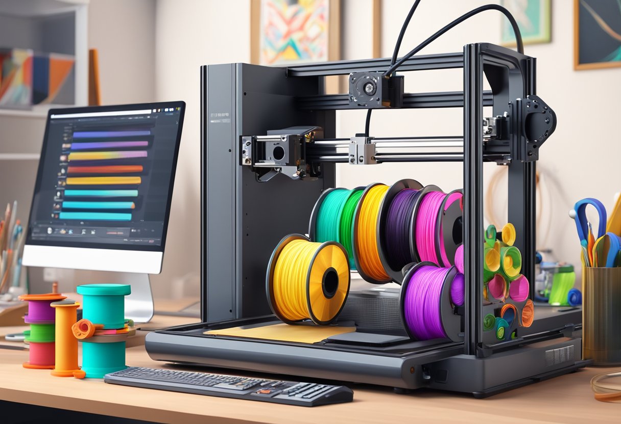 A 3D printer surrounded by colorful spools of filament, intricate jewelry designs on a computer screen, and various tools and equipment for finishing and polishing