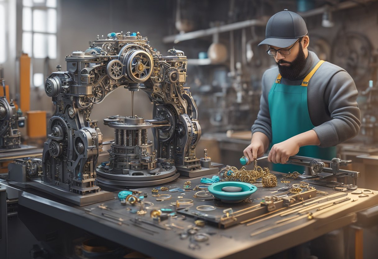 Machines print intricate jewelry designs in a workshop. Metal and plastic materials are carefully crafted into rings and bracelets