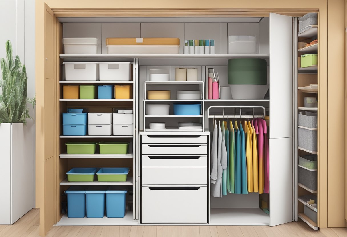 A compact room with 3D printed shelves, hooks, and storage bins creatively maximizing space