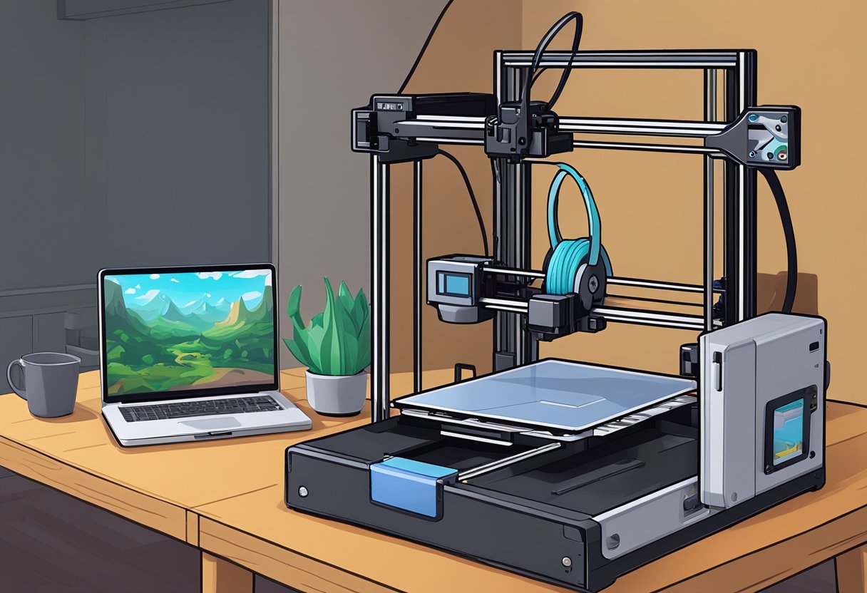 A 3D printer sits on a table next to a stack of tabletop game pieces and a portable carrying case. The printer is connected to a laptop, and various game models are displayed on the screen