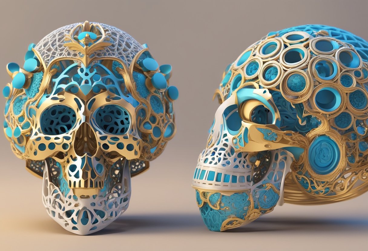 Vibrant colors and intricate details adorn 3D printed sculptures and intricate jewelry pieces, showcasing the latest trends in 3D printing for 2024