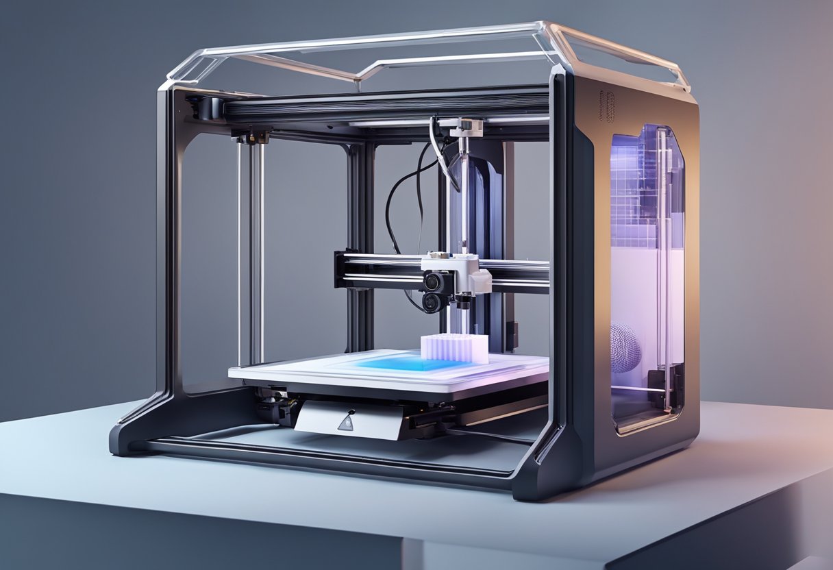 A 3D printer creating intricate designs with new materials, showcasing various applications in manufacturing, healthcare, and architecture