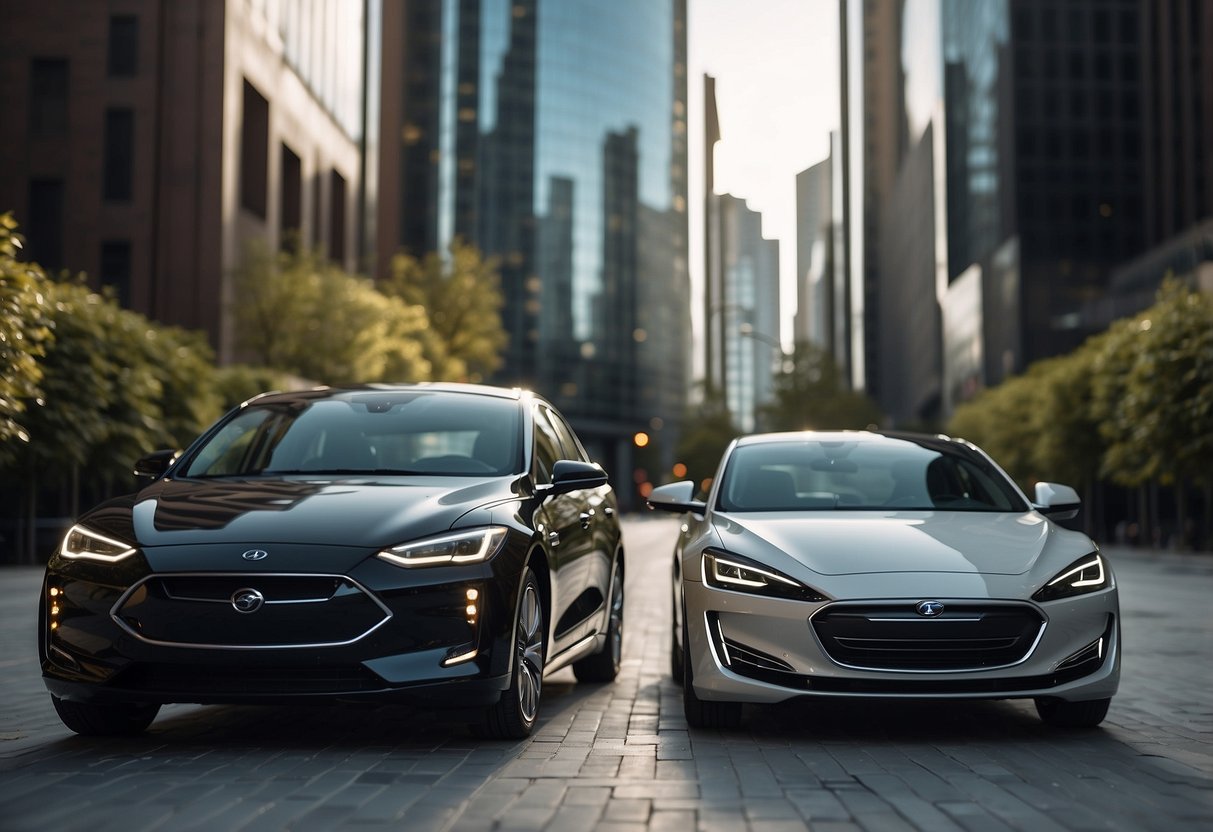 Two cars, one hybrid and one electric, face off on a futuristic city street, surrounded by sleek buildings and advanced technology