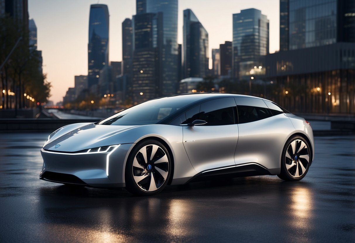 A sleek electric car and a hybrid vehicle sit side by side, surrounded by futuristic cityscape. The electric vehicle emits zero emissions, while the hybrid offers a blend of gas and electric power