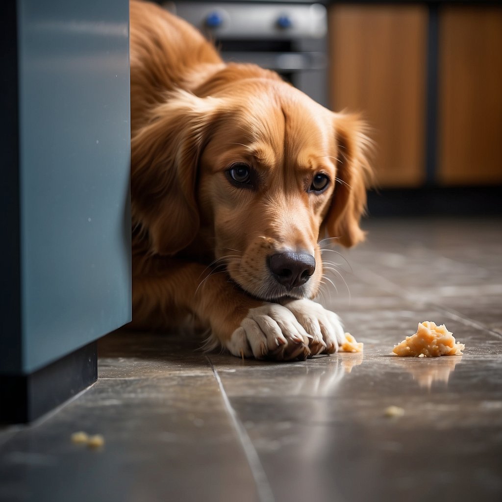 A dog sniffs at a raw chicken on the kitchen floor