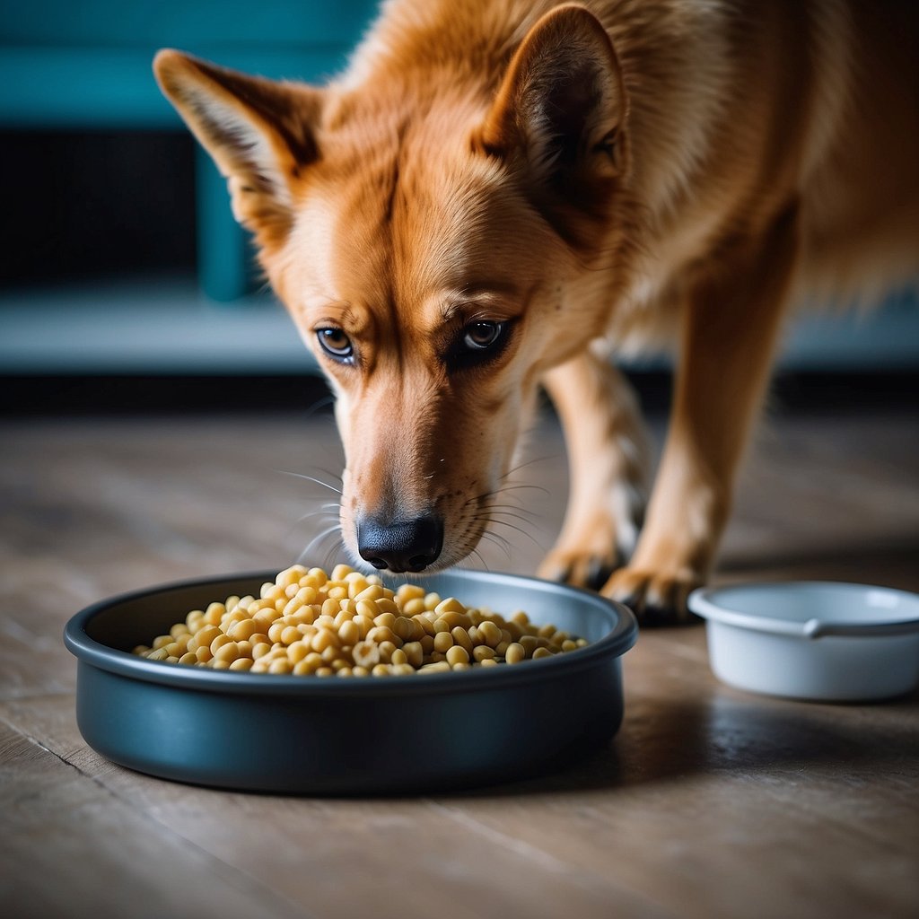 A dog sniffs a contaminated food bowl, while a bacteria-filled water dish sits nearby