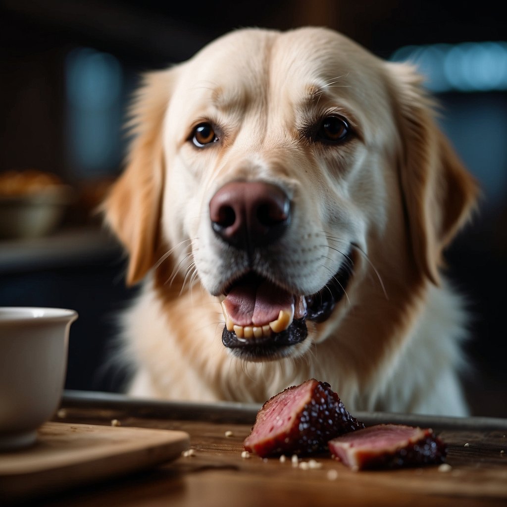 A dog eating raw meat, feces, or contaminated food, showing symptoms of diarrhea and vomiting