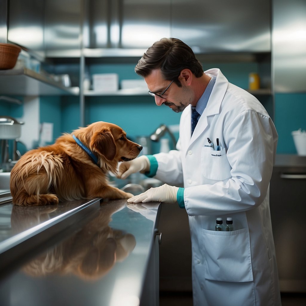 A veterinarian examines a sick dog for signs of Salmonella, including fever, vomiting, and diarrhea