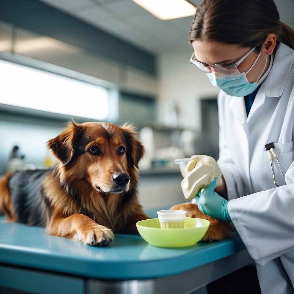 A dog receiving treatment for salmonella from a veterinarian, with medication and dietary management
