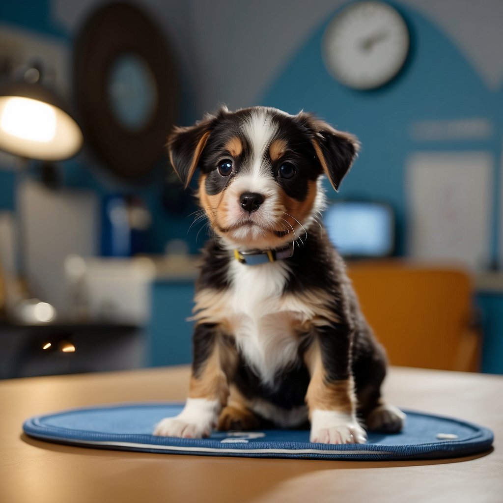 A small puppy standing on a training pad, surrounded by scattered newspapers and a few accidents. A clock on the wall shows the passing of 7 days