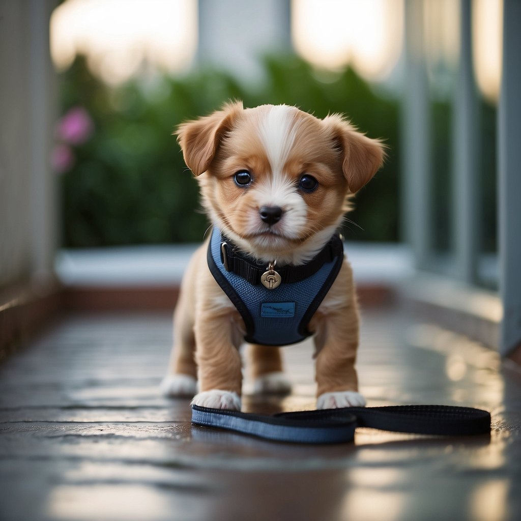 A small puppy is being taken outside to a designated toilet area. The puppy is on a leash and is being encouraged to relieve itself in the designated spot