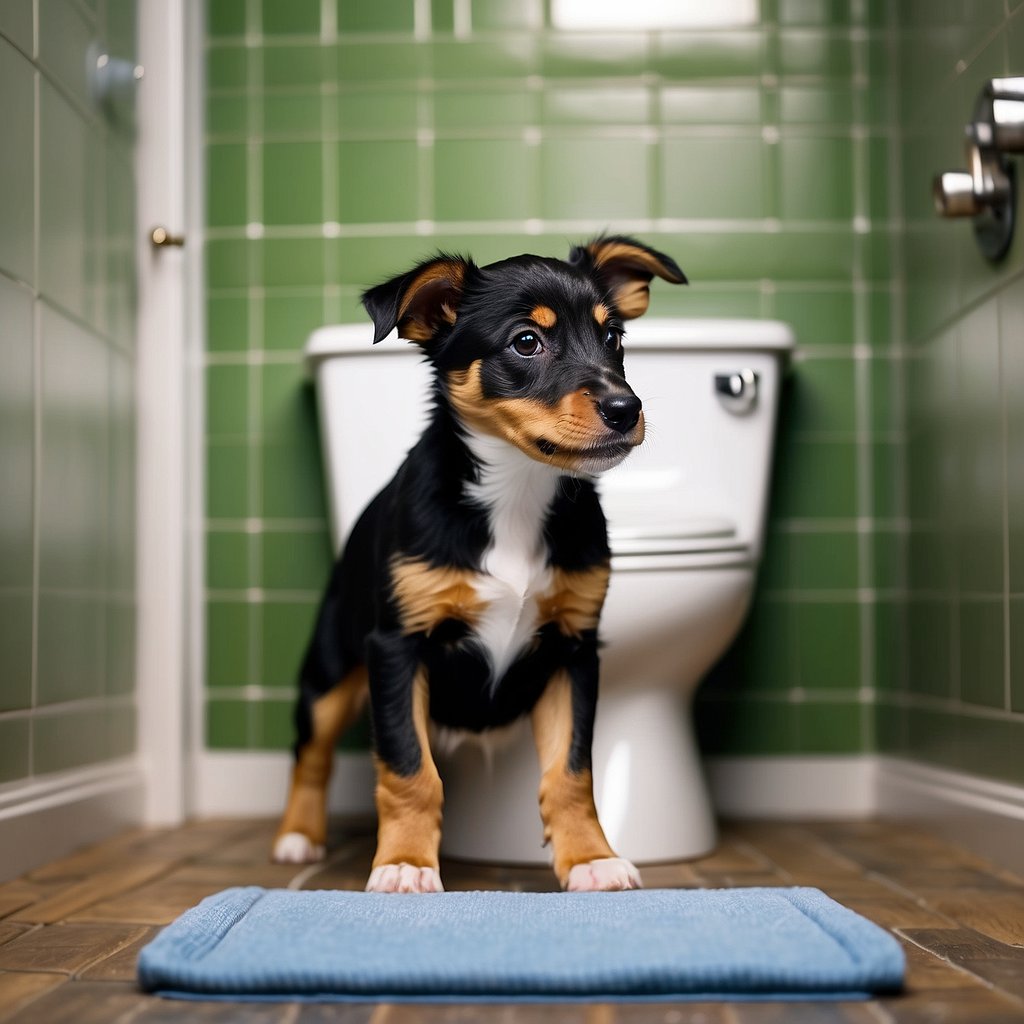 A playful puppy follows a 7-day toilet training plan, learning to use a designated area for elimination