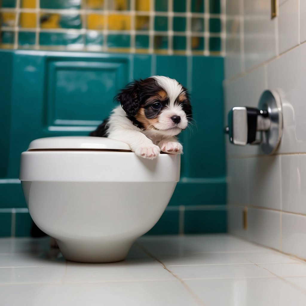 A small puppy learning to use a designated toilet area for seven days, with training tools and positive reinforcement