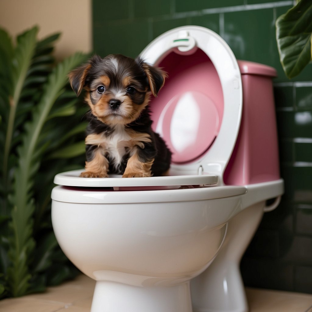A small puppy is being trained to use a toilet over the course of 7 days