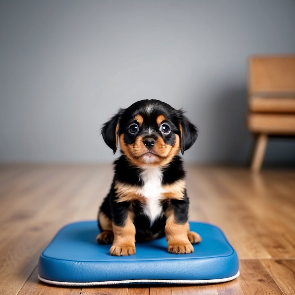 A small puppy stands next to a training pad, with a proud look on its face after successfully using it for the first time