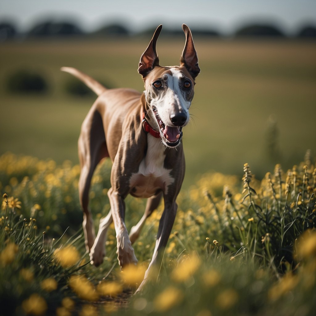 A galgo runs through a field, ears back, tail raised, and muscles taut