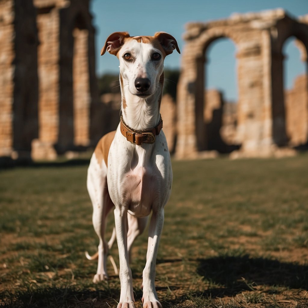 A galgo stands proudly in a vast open field, surrounded by ancient ruins and historical landmarks, symbolizing its rich and noble history