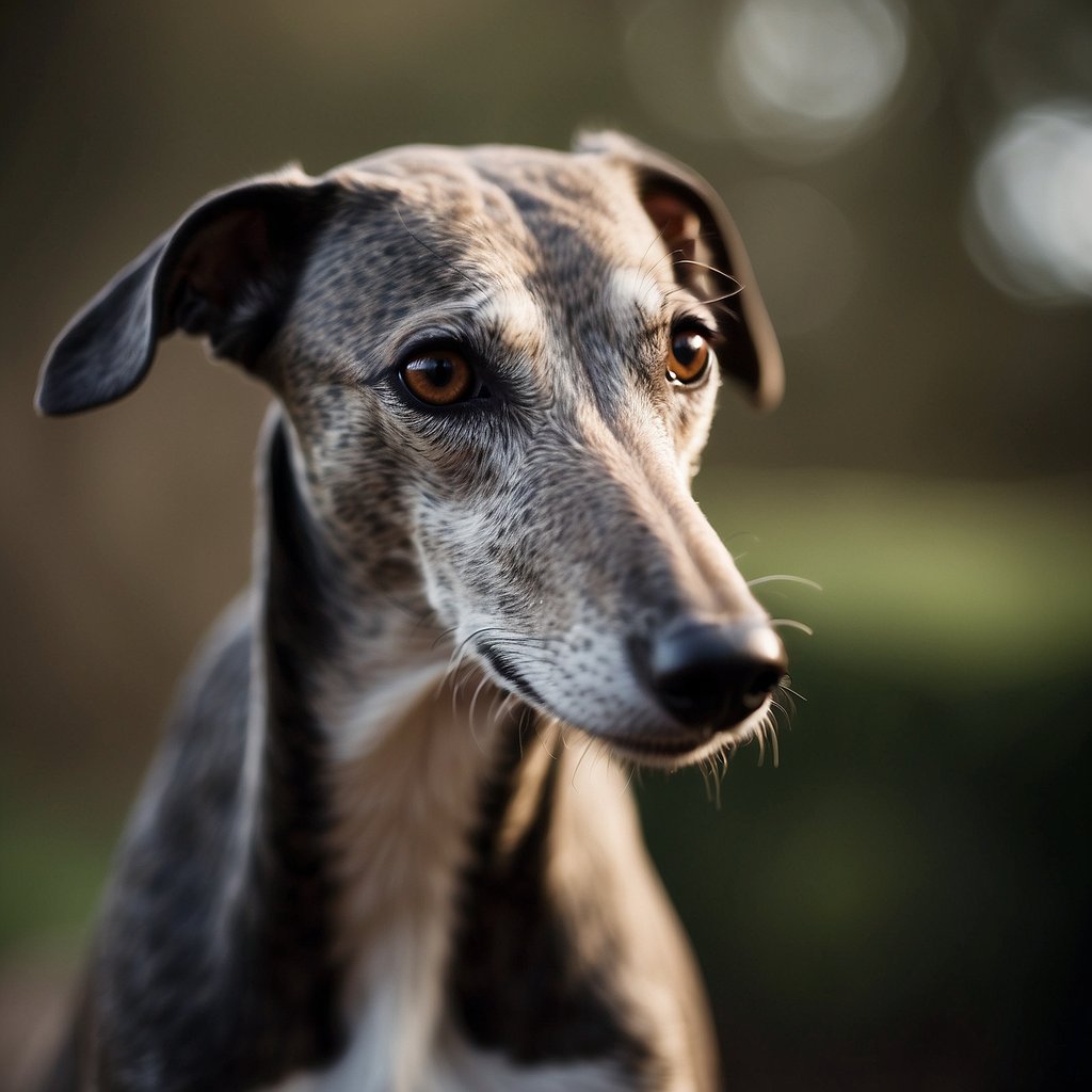 A galgo stands tall and lean, with a slender body, long legs, and a pointed snout. Its ears are large and perked, and its eyes are bright and alert