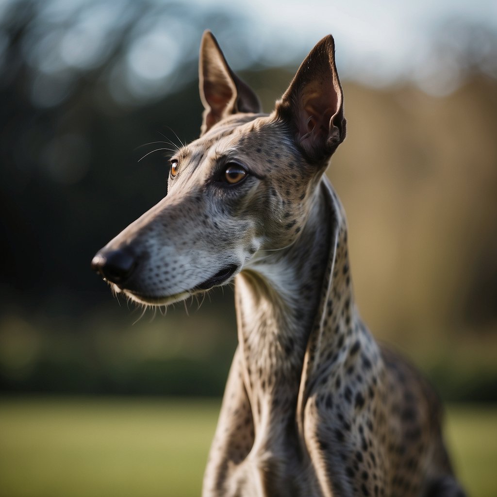 A galgo stands tall, ears perked, tail wagging. Its eyes show alertness and curiosity, while its body language exudes grace and strength