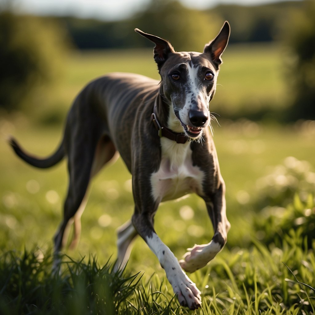 A sleek galgo runs through a lush meadow, its coat shining in the sunlight as it gracefully moves with strength and agility