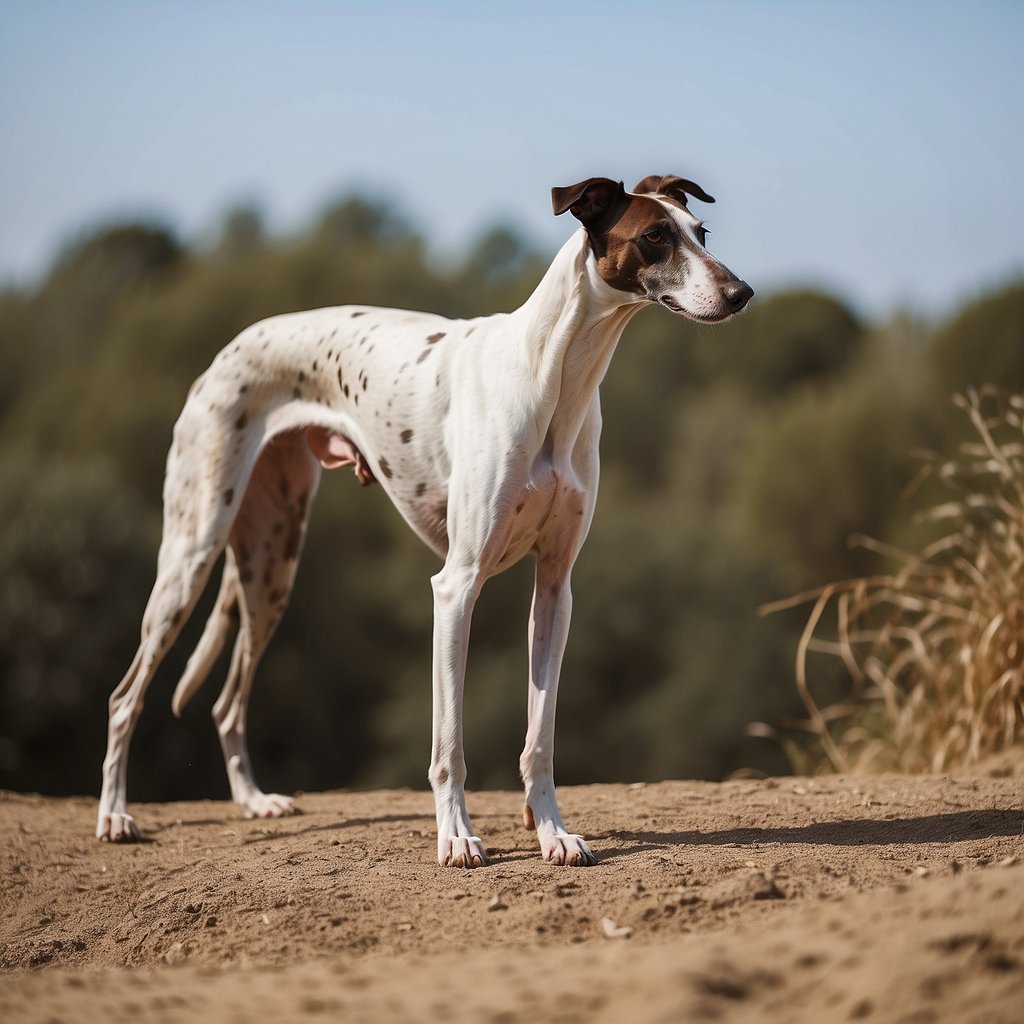 A galgo stands tall and elegant, with a slender body and long, graceful legs. Its deep chest and sleek coat convey strength and agility
