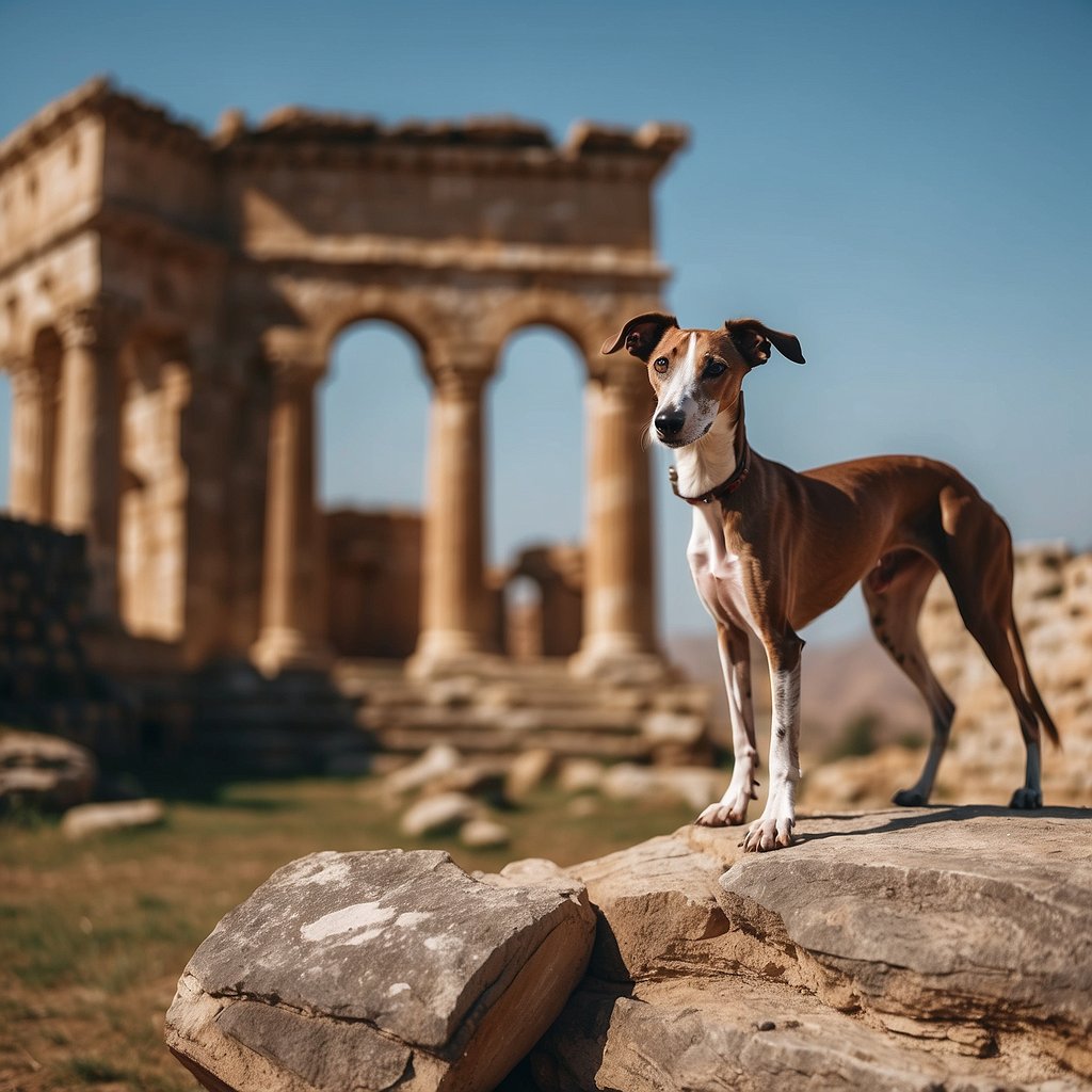 A galgo stands in front of ancient ruins, symbolizing cultural and historical significance